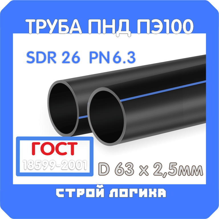 Труба ПЭ100 SDR26 PN6,3 63х2,5мм ГОСТ 18599-2001 для воды, цена в Санкт .
