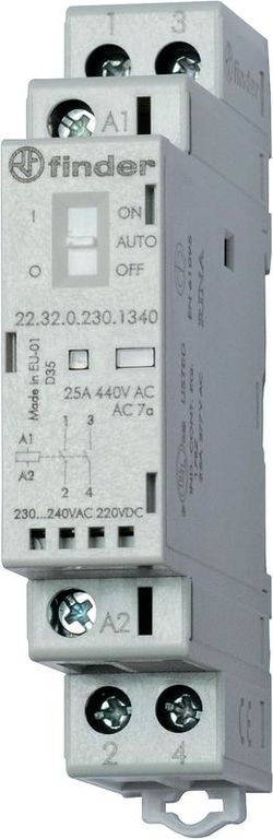 Контактор модульный 2NO 25 А AgSnO2 24 В AC/DC 17.5 мм IP20 переключатель Авто-Вкл-Выкл + мех. индикатор + LED FINDER