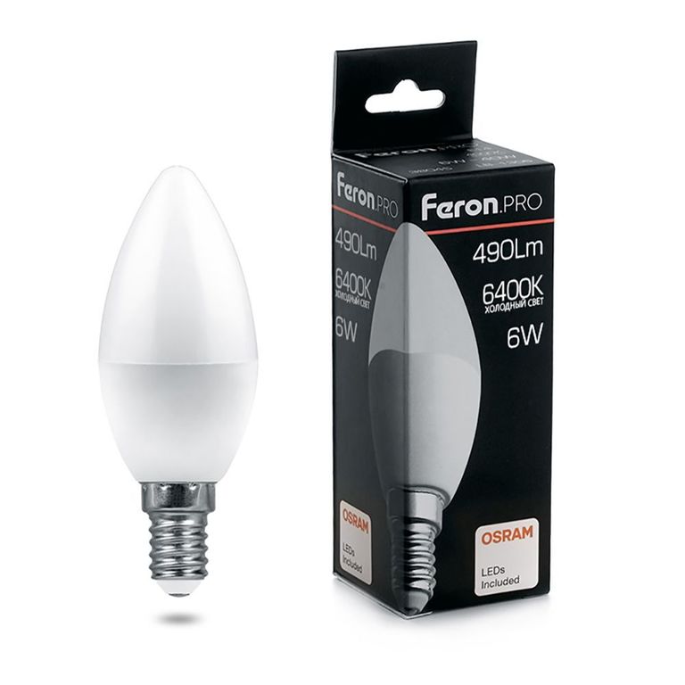 Лампа светодиодная Feron.PRO LB-1306 38046 Свеча E14 6W 6400K OSRAM LED