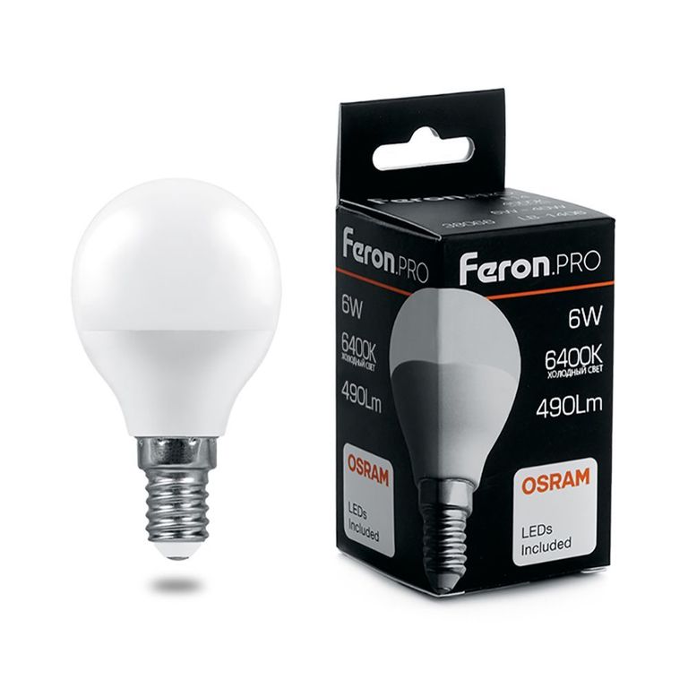 Лампа светодиодная Feron.PRO LB-1406 38067 Шарик E14 6W 6400K OSRAM LED